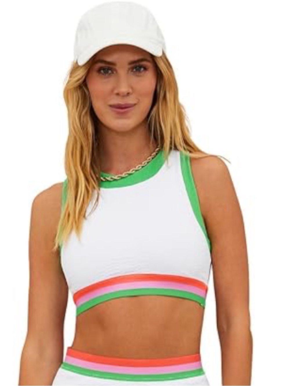 Beach Riot White Ribbed Crop Tank with Green and Coral Stripe Accents - Picture 2 of 4